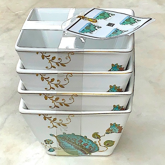222 FIFTH ELIZA-SPRING TURQUOISE APPETIZER BOWL PORCELAIN SET OF 4 GOLD RIM NEW - Picture 11 of 12